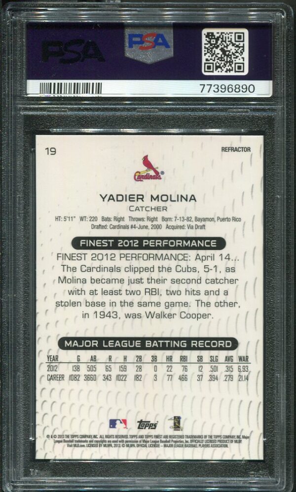 Authentic 2013 Topps Finest #19 Yadier Molina PSA 10 Refractor Baseball Card