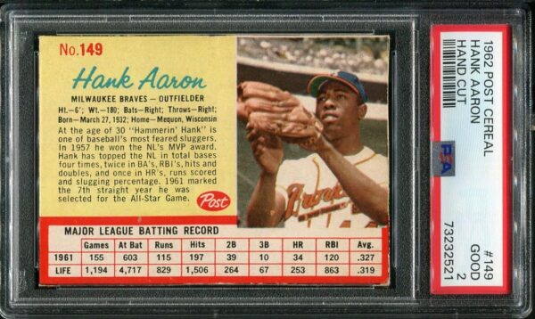 Authentic 1962 Post Cereal #149 Hank Aaron Hand Cut PSA 2 Baseball Card