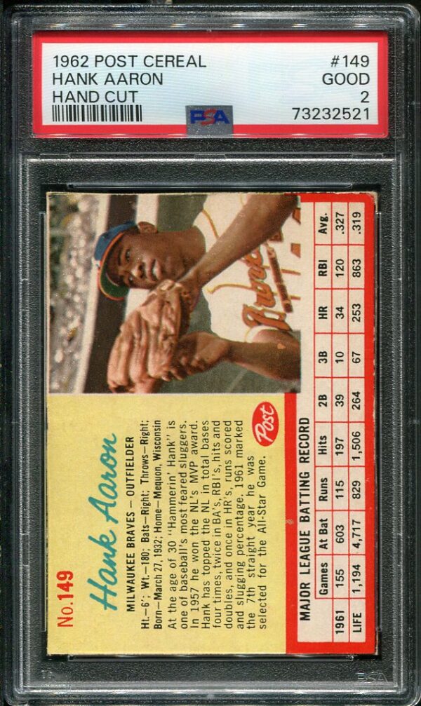 Authentic 1962 Post Cereal #149 Hank Aaron Hand Cut PSA 2 Baseball Card