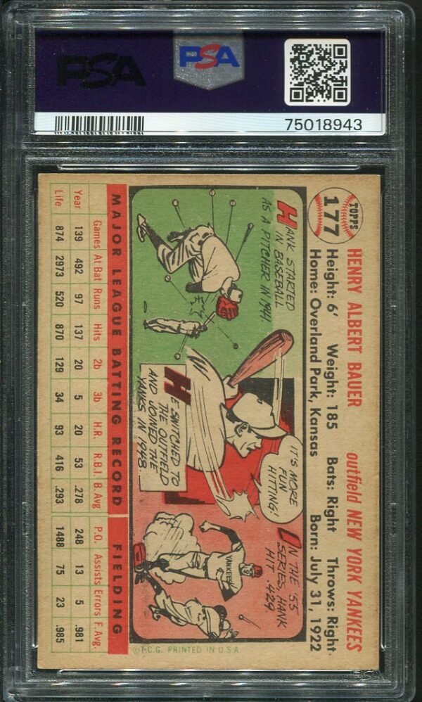 Authentic 1956 Topps #177 Hank Bauer PSA 4 Baseball Card