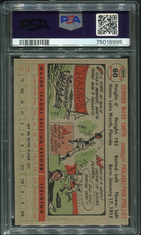 Authentic 1956 Topps #60 May Smith PSA 7 Gray Back Baseball Card