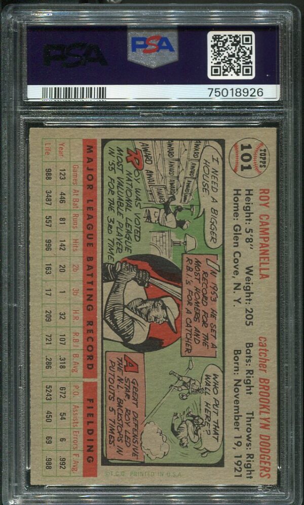 Authentic 1956 Topps #101 Roy Campanella PSA 6 Gray Back Baseball Card