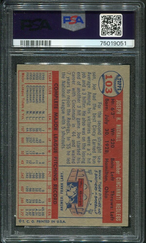 Authentic 1957 Topps #103 Joe Nuxhall PSA 8 Baseball Card