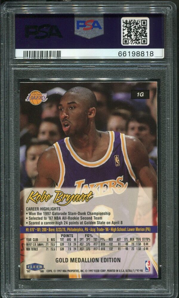 Authentic 1997 Fleer Ultra #1G Kobe Bryant PSA 8 Gold Medallion Basketball Card