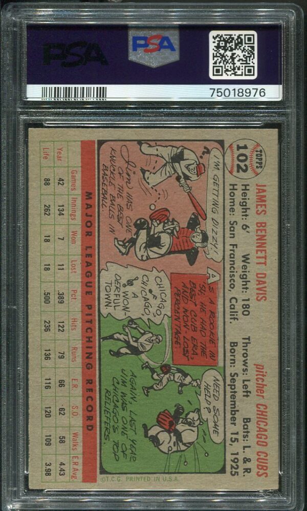 Authentic 1956 Topps #102 Jim Davis PSA 8 Gray Back Baseball Card