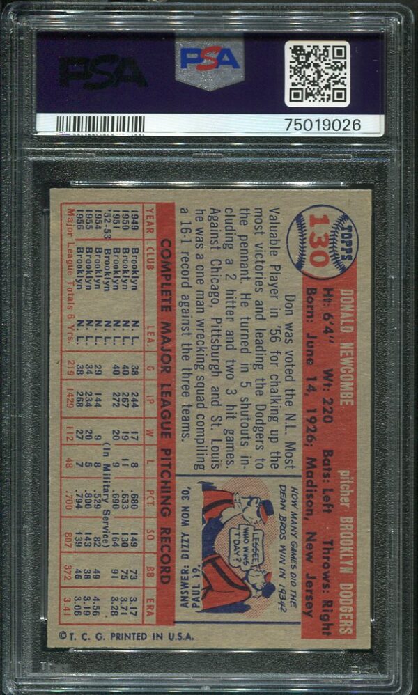 Authentic 1957 Topps #130 Don Newcombe PSA 6 Baseball Card