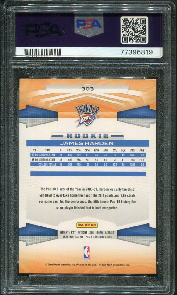Authentic 2009 Panini #303 James Harden PSA 10 Rookie Basketball Card