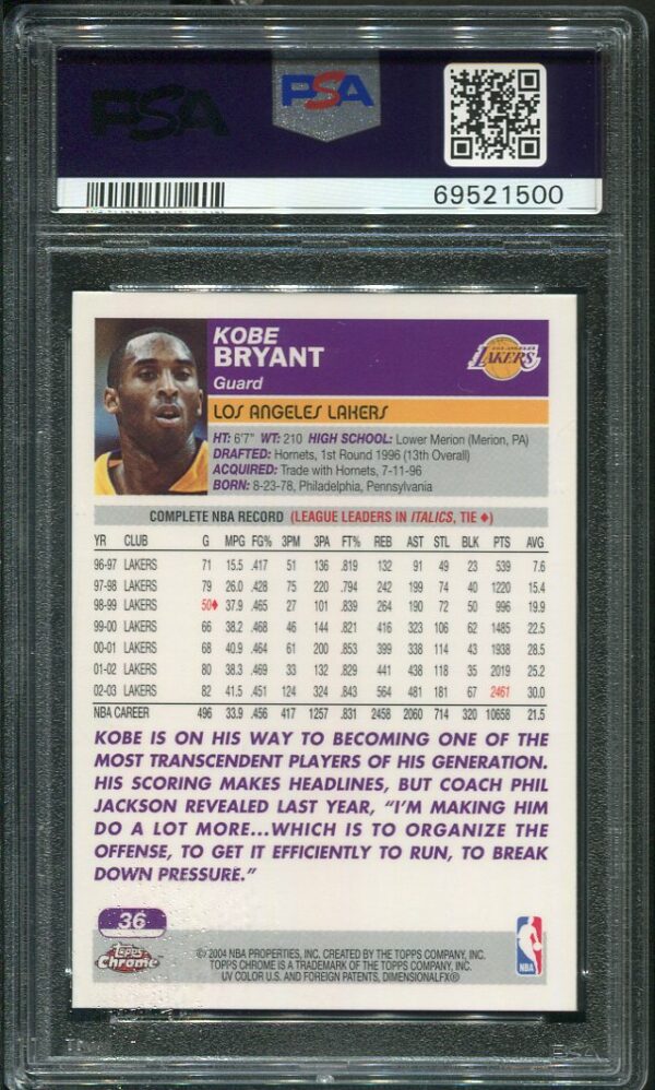 Authentic 2003 Topps Chrome #36 Kobe Bryant PSA 9 Basketball Card
