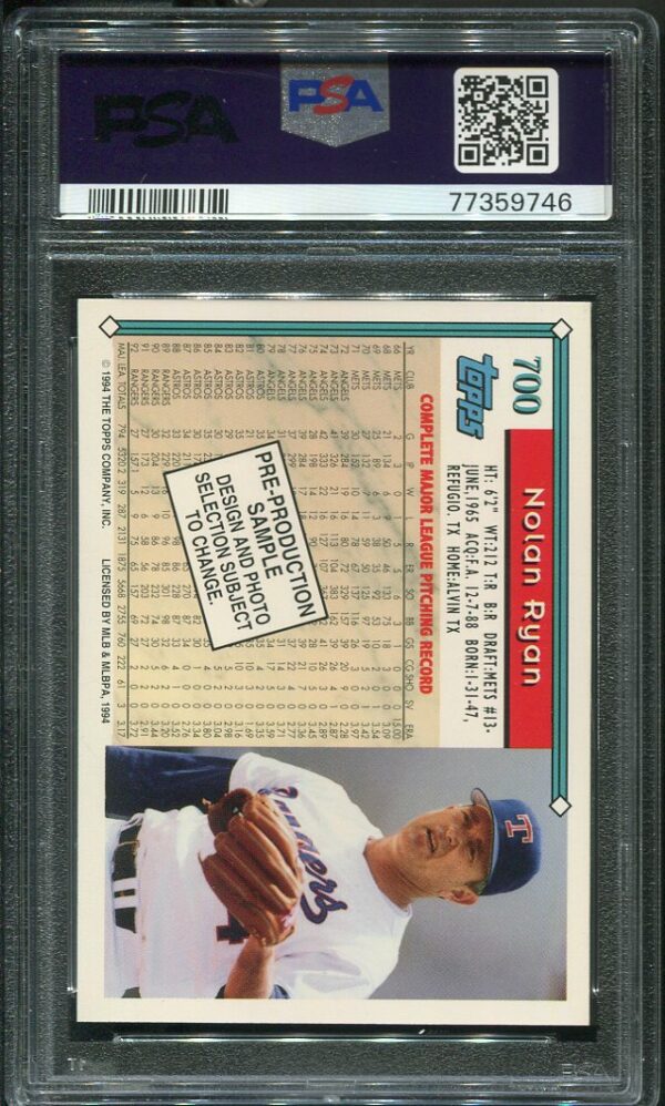 Authentic 1994 Topps #700 Nolan Ryan Pre-Production Horizontal PSA 9 Baseball Card