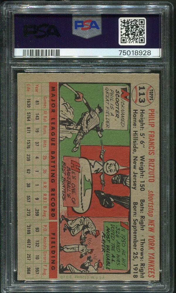 Authentic 1956 Topps #113 Phil Rizzuto PSA 6 Gray Back Baseball Card