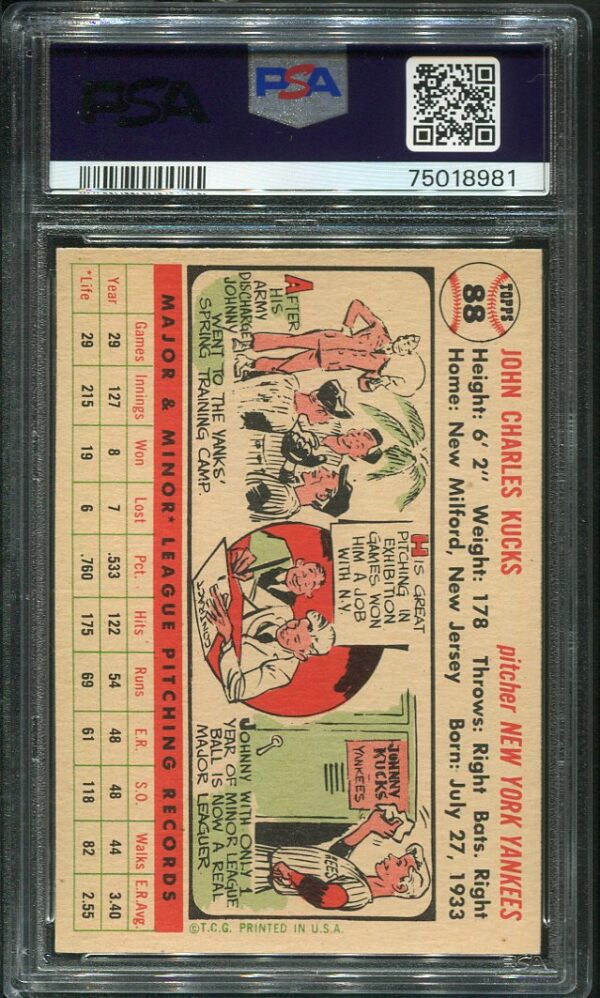 Authentic 1956 Topps #88 Johnny Kucks PSA 8 White Back Baseball Card