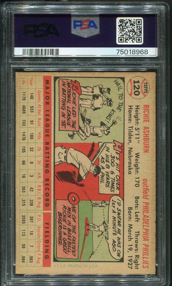 Authentic 1956 Topps #120 Richie Ashburn PSA 6 White Back Baseball Card