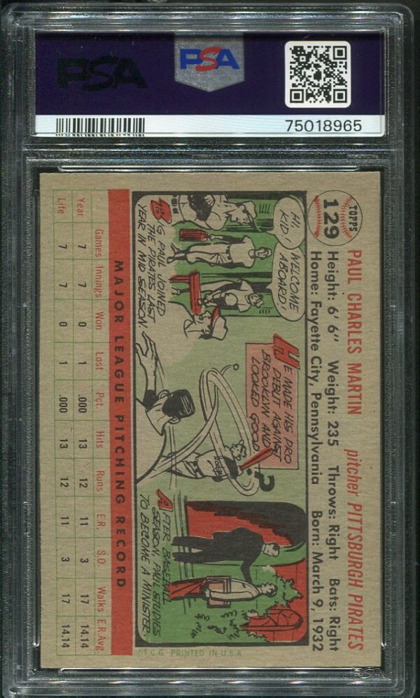 Authentic 1956 Topps #129 Jake Martin PSA 8 Gray Back Baseball Card