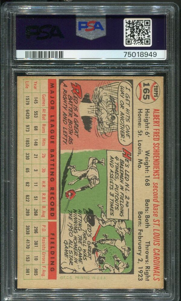 Authentic 1956 Topps #165 Red Schoendienst PSA 5 White Back Baseball Card