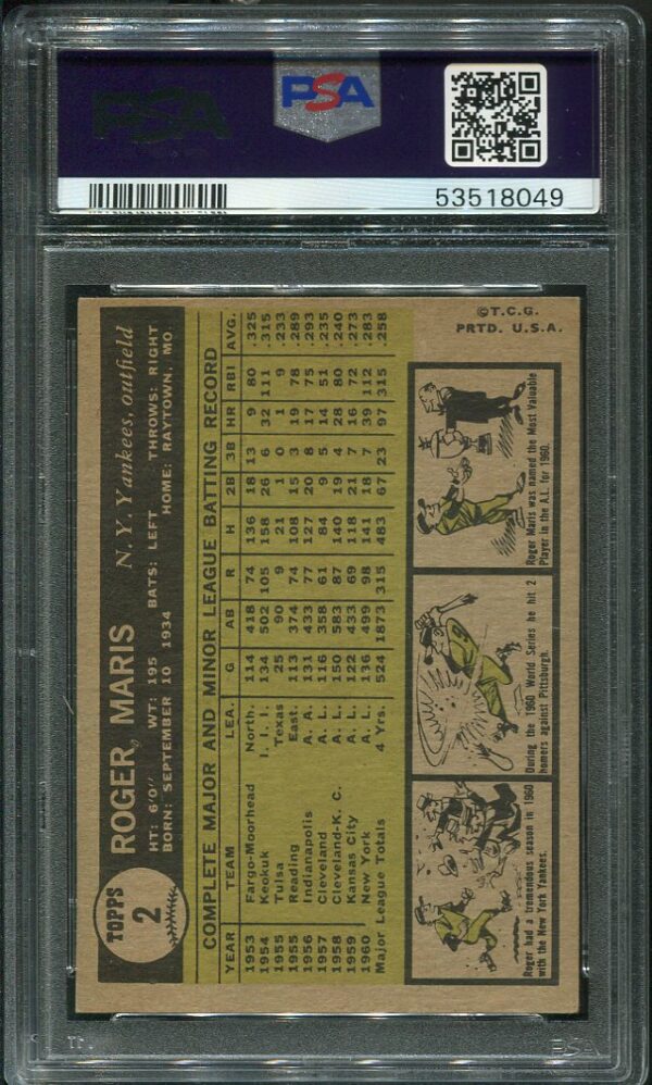 Authentic 1961 Topps #2 Roger Maris PSA EX 5 Baseball Card
