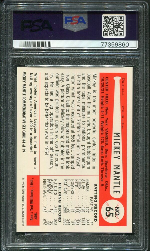 1996 Topps Mantle #4 1954 Bowman Reprint Mickey Mantle PSA 9 Baseball Card