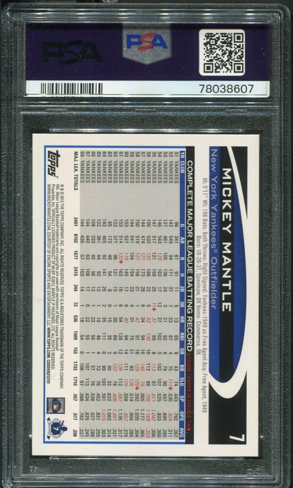 2012 Topps #7 Mickey Mantle (Correct) PSA 10 HOF (78038607