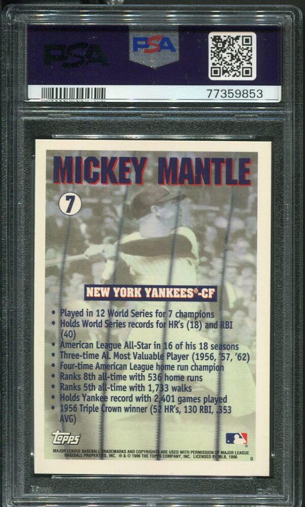 1996 Topps #7 Mickey Mantle Commemorative PSA 9 Baseball Card