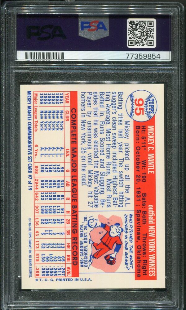 1996 Topps Mickey Mantle #7 (1957 Topps Reprint) PSA 9 Baseball Card