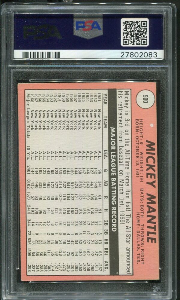 1969 Topps #500 Mickey Mantle Last Name In Yellow PSA 5 Vintage Baseball Card