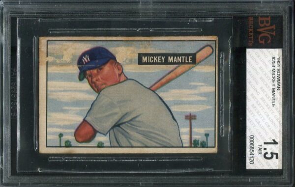 Authentic 1951 Bowman #253 Mickey Mantle Rookie Baseball Card with a BVG 1.5 grade