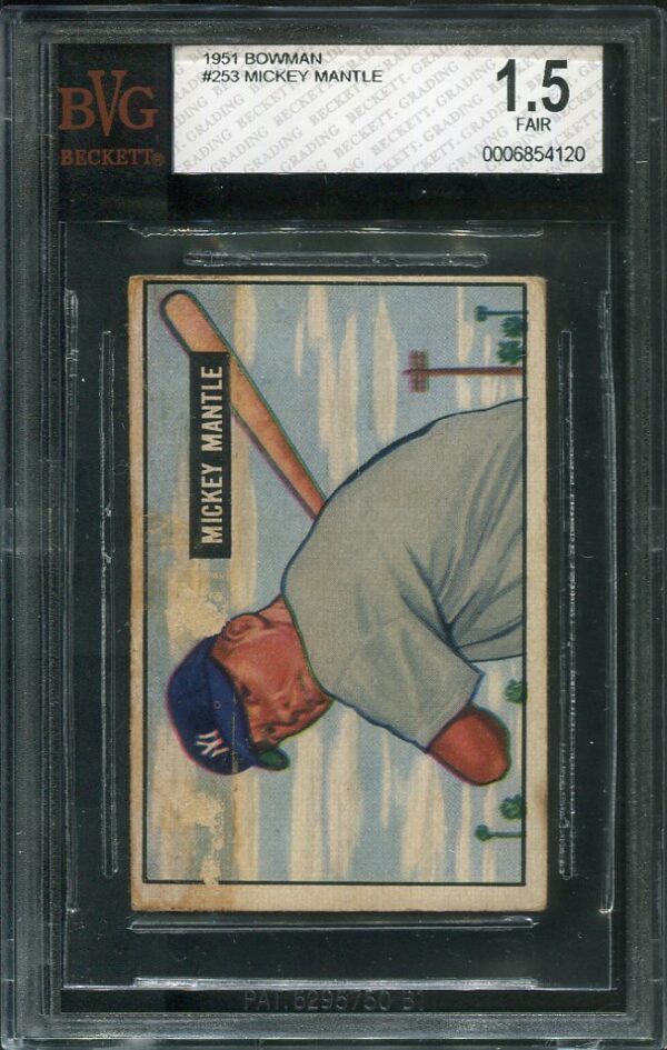 Authentic 1951 Bowman #253 Mickey Mantle Rookie Baseball Card with a BVG 1.5 grade