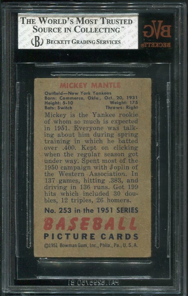 Authentic 1951 Bowman #253 Mickey Mantle Rookie Baseball Card with a BVG 1.5 grade