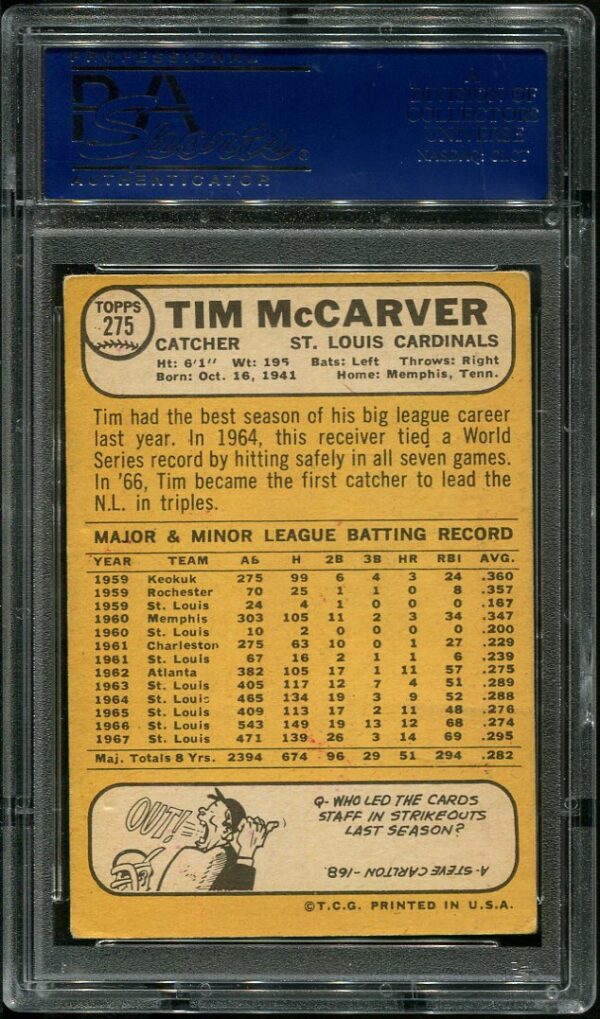 Authentic Autographed 1968 Topps #275 Tim McCarver PSA/DNA Authentic Baseball Card