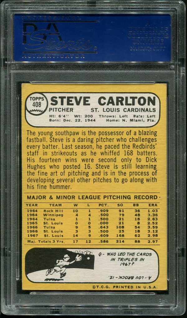 Authentic Autographed 1968 Topps #408 Steve Carlton Baseball Card PSA/DNA Certified Authentic Auto