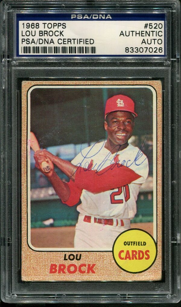 Authentic Autographed 1968 Topps #520 Lou Brock Baseball Card PSA/DNA Certified Authentic Autograph