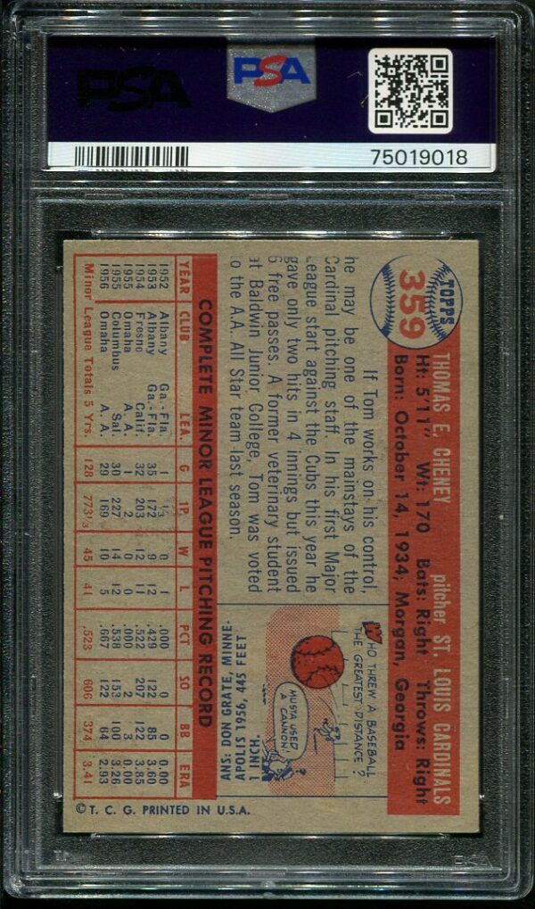 Authentic 1957 Topps #359 Don Cheney PSA 7 Baseball Card