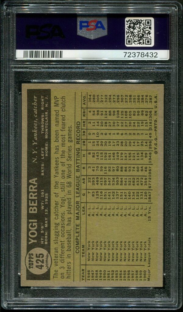 Authentic 1961 Topps #425 Yogi Berra PSA 6 Baseball Card