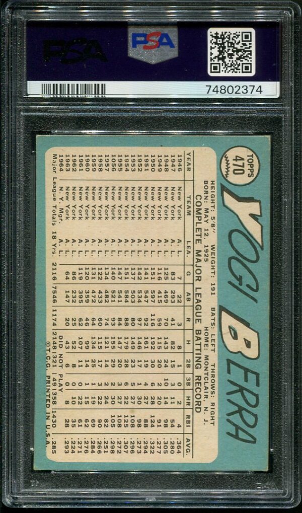 Authentic 1965 Topps #470 Yogi Berra PSA 5 Baseball Card