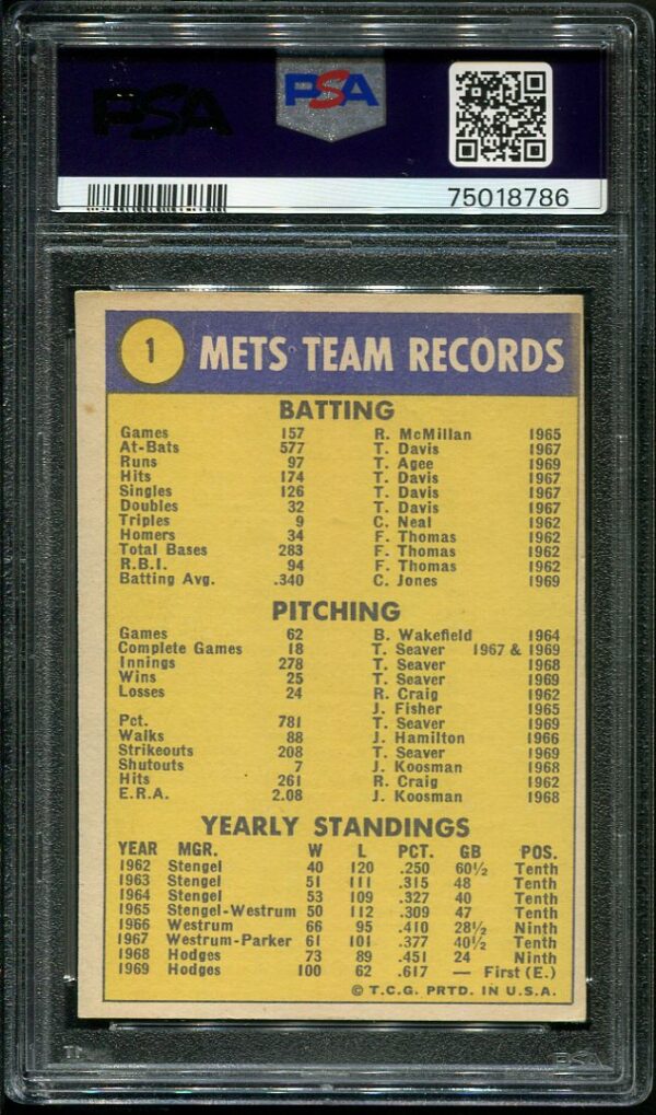 Authentic 1970 Topps #1 Mets Team World Champions PSA 4 Baseball Card