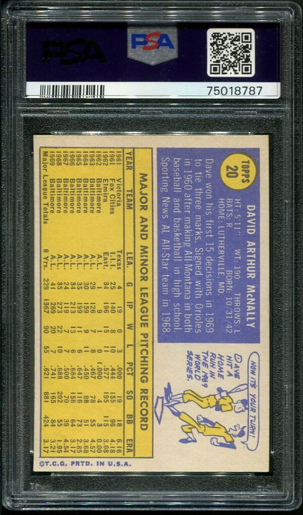 Authentic 1970 Topps #20 Dave McNally PSA 7 Baseball Card