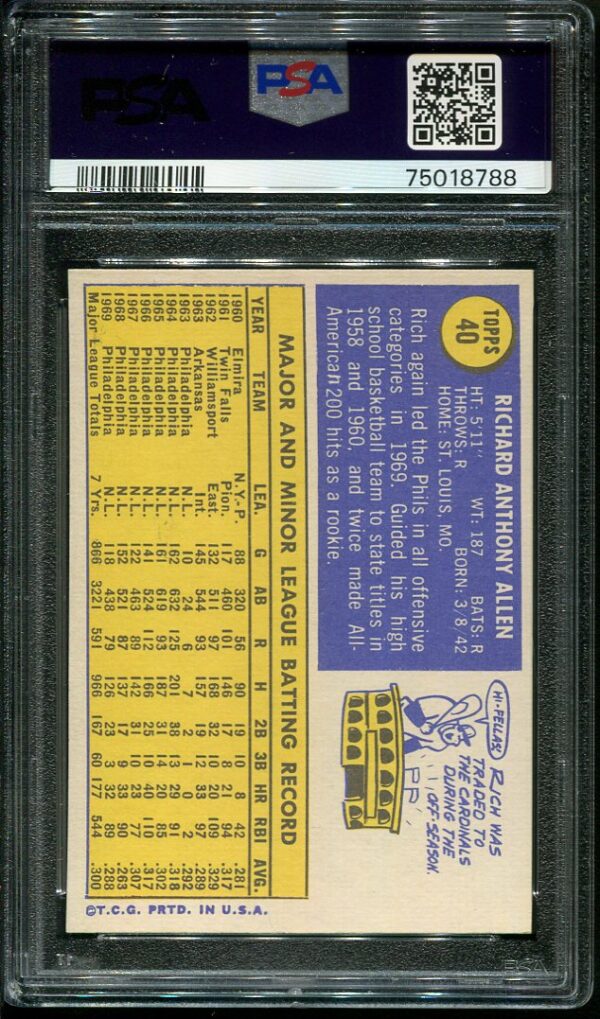 Authentic 1970 Topps #40 Richie Allen PSA 7 Baseball Card