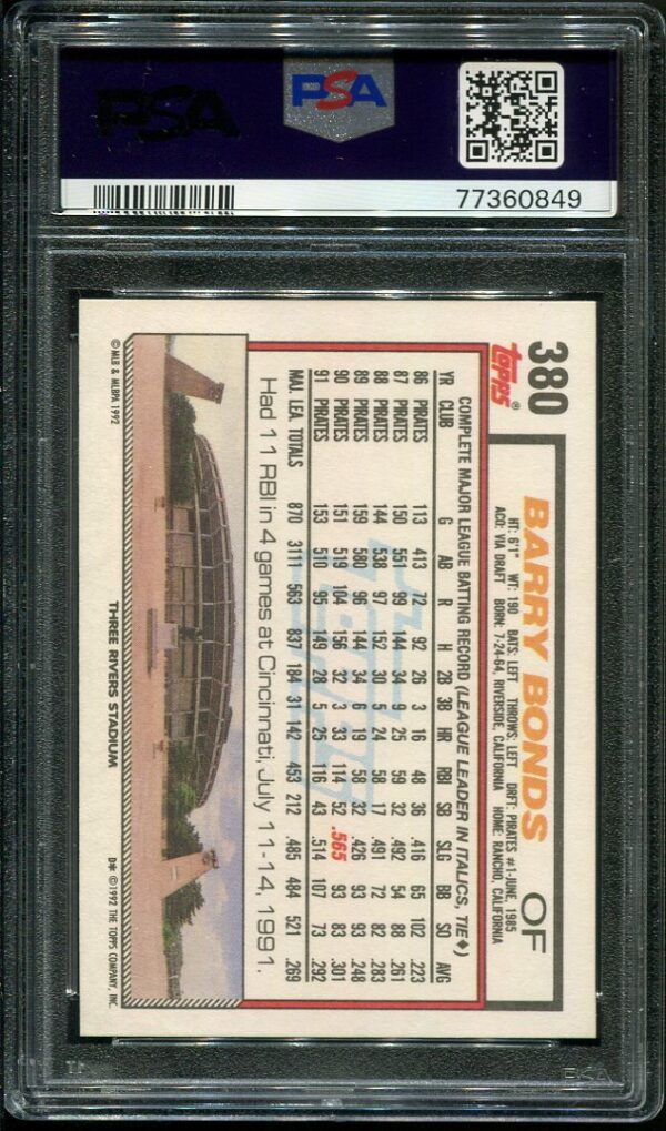 Authentic 1992 Topps #380 Barry Bonds PSA GEM MINT 10 Baseball Card
