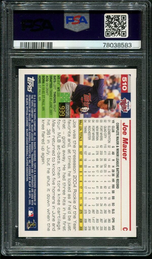 2005 Topps #510 Joe Mauer PSA GEM MINT 10 Baseball Card