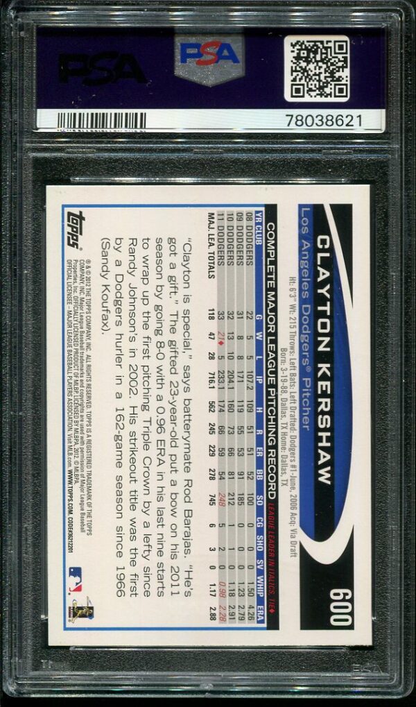 2012 Topps #600 Clayton Kershaw PSA GEM MINT 10 Baseball Card