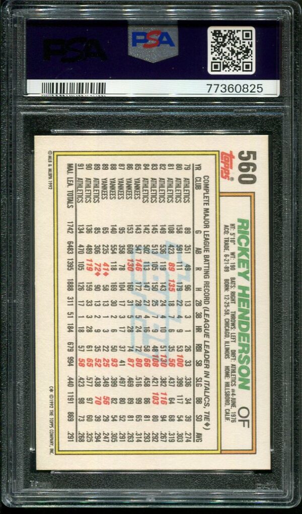 1992 Topps #560 Rickey Henderson PSA GEM MINT 10 Baseball Card