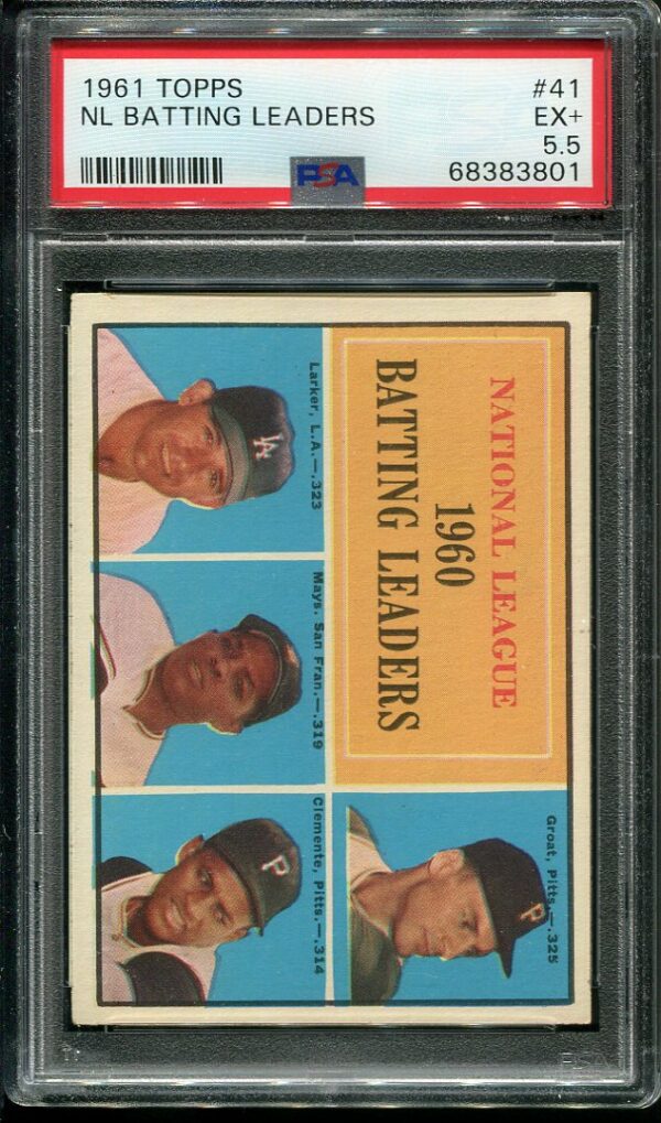 Authentic 1961 Topps #41 NL Batting Leaders Clemente/Mays PSA 5.5 Vintage Baseball Card