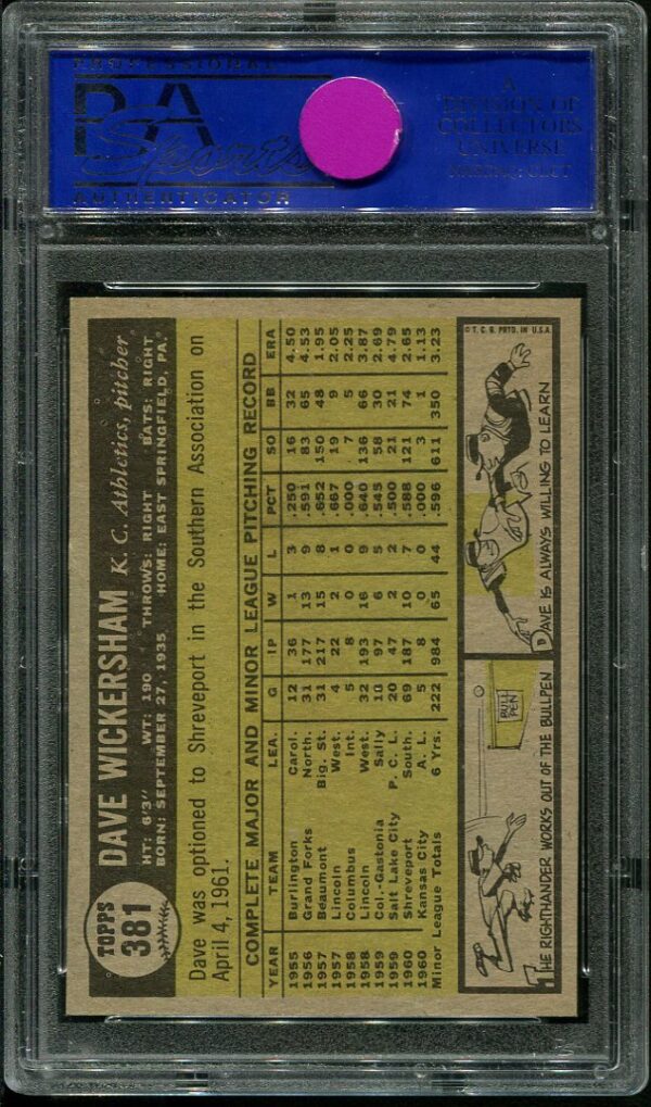 Authentic 1961 Topps #381 Dave Wickersham PSA 8 Rookie Baseball Card