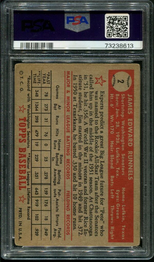 Authentic 1952 Topps #2 James R Runnels PSA 2 Baseball Card