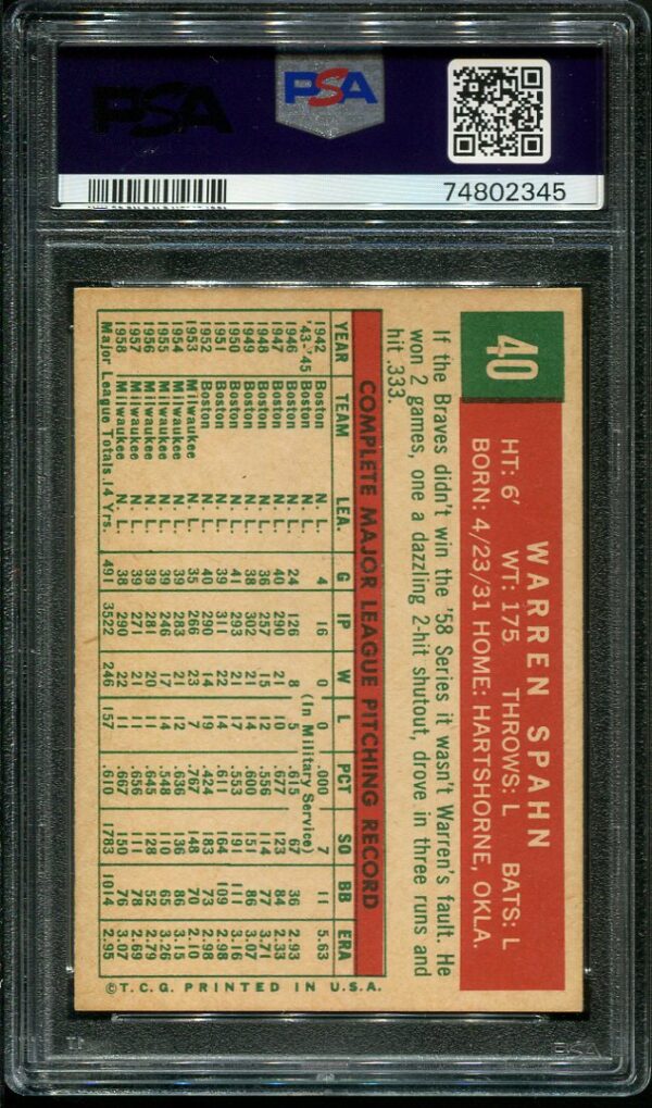 Authentic 1959 Topps #40 Warren Spahn PSA 6 Baseball Card