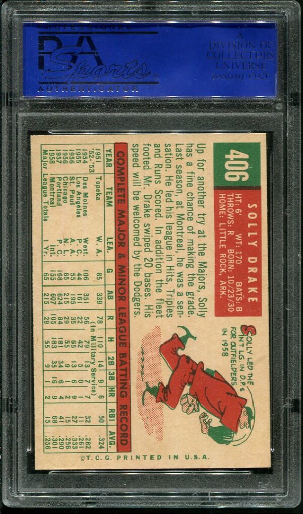 Authentic 1959 Topps #406 Solly Drake PSA 7 Baseball Card