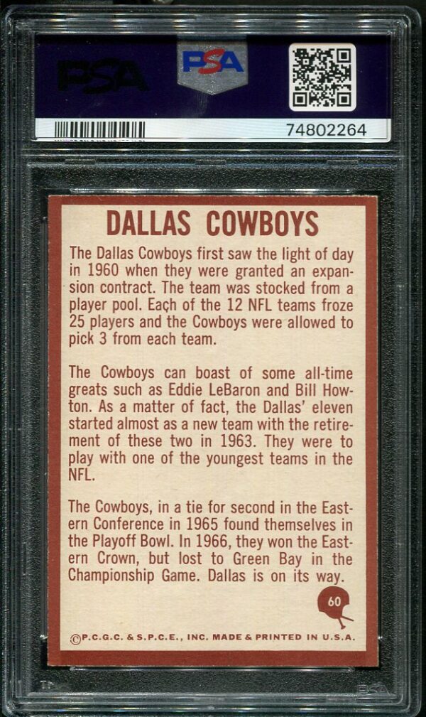 Authentic 1967 Philadelphia #60 Dallas Cowboys Insignia PSA 8 Football Card