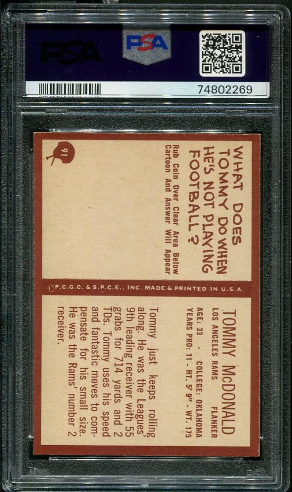 Authentic 1967 Philadelphia #91 Tommy McDonald PSA 8 Football Card