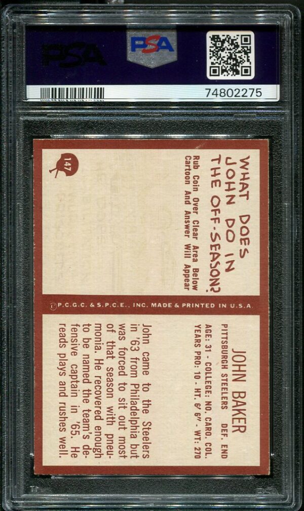 Authentic 1967 Philadelphia #147 John Baker PSA 8 Football Card