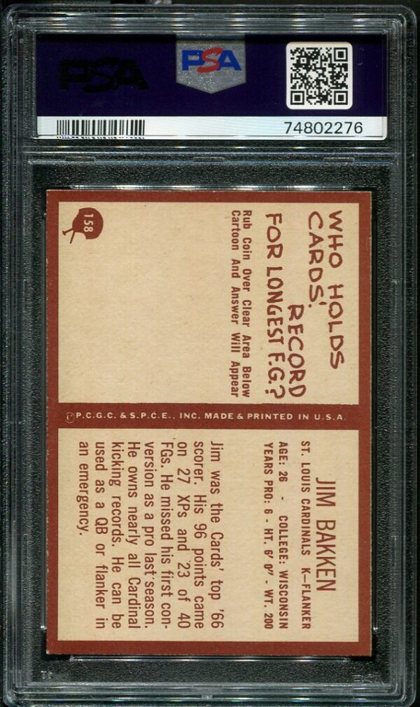 Authentic 1967 Philadelphia #158 Jim Baaken PSA 8 Football Card