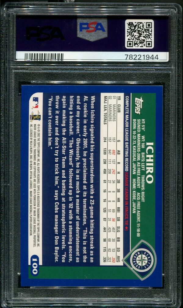 Authentic 2003 Topps #100 Ichiro Home Team Advantage PSA 9 Baseball Card